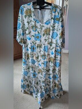BloomChic White Maxi Dress with Blue & Green Floral Print